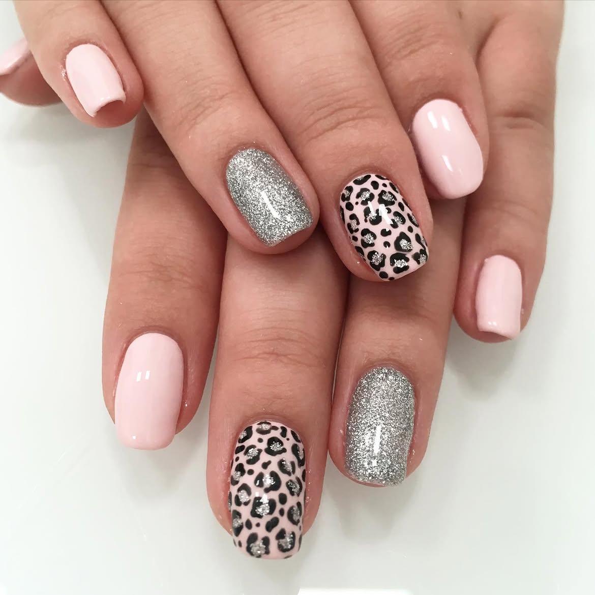 Pink Cheetah Glitter Accent Nails