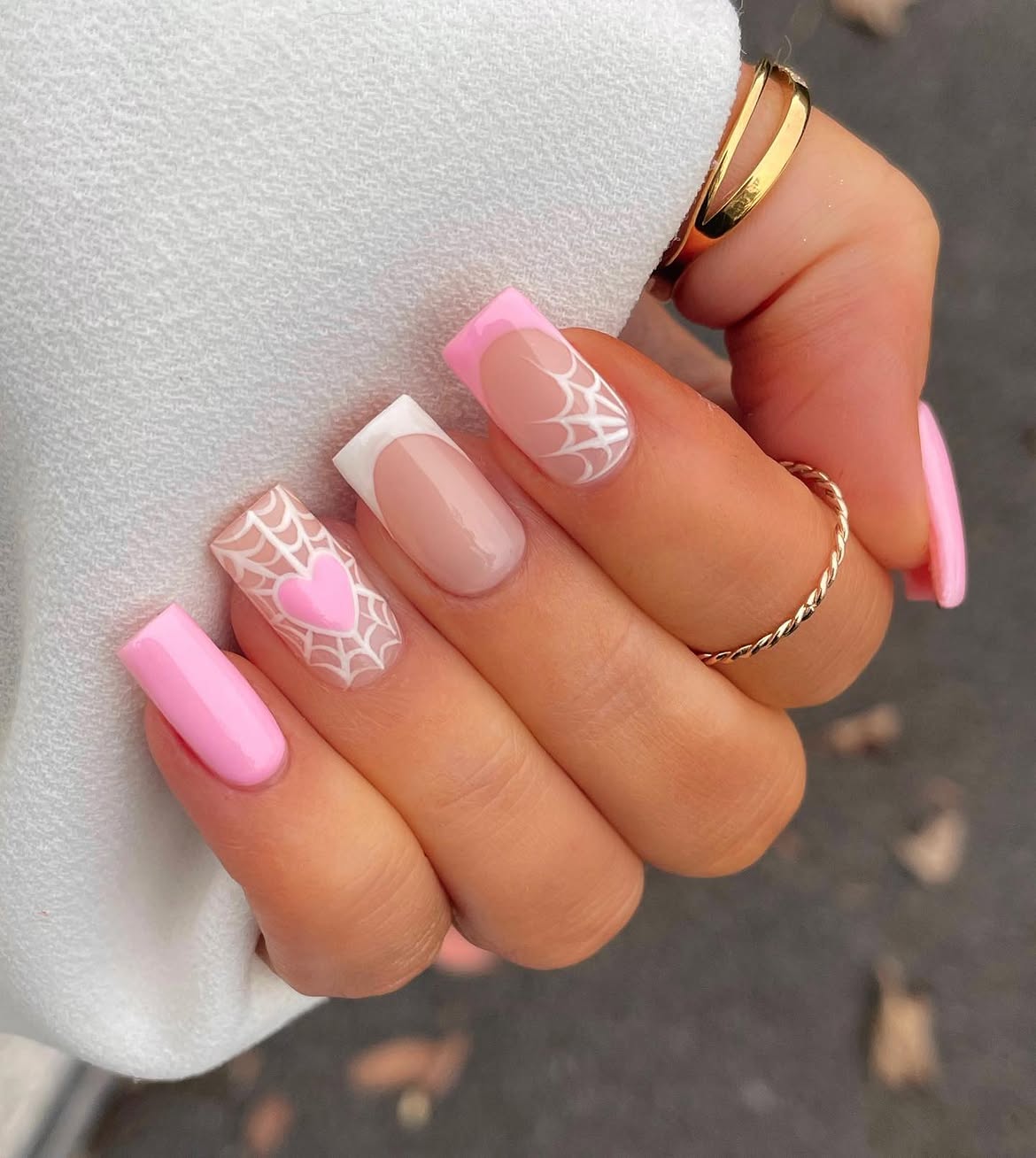 Pink French Spiderweb Heart Halloween Nails