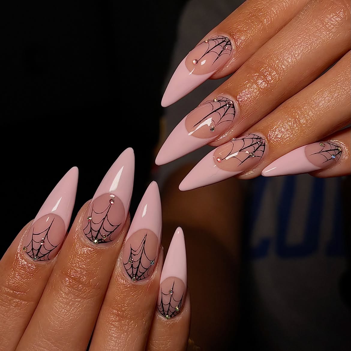 Pink French Spiderweb Stiletto Nails
