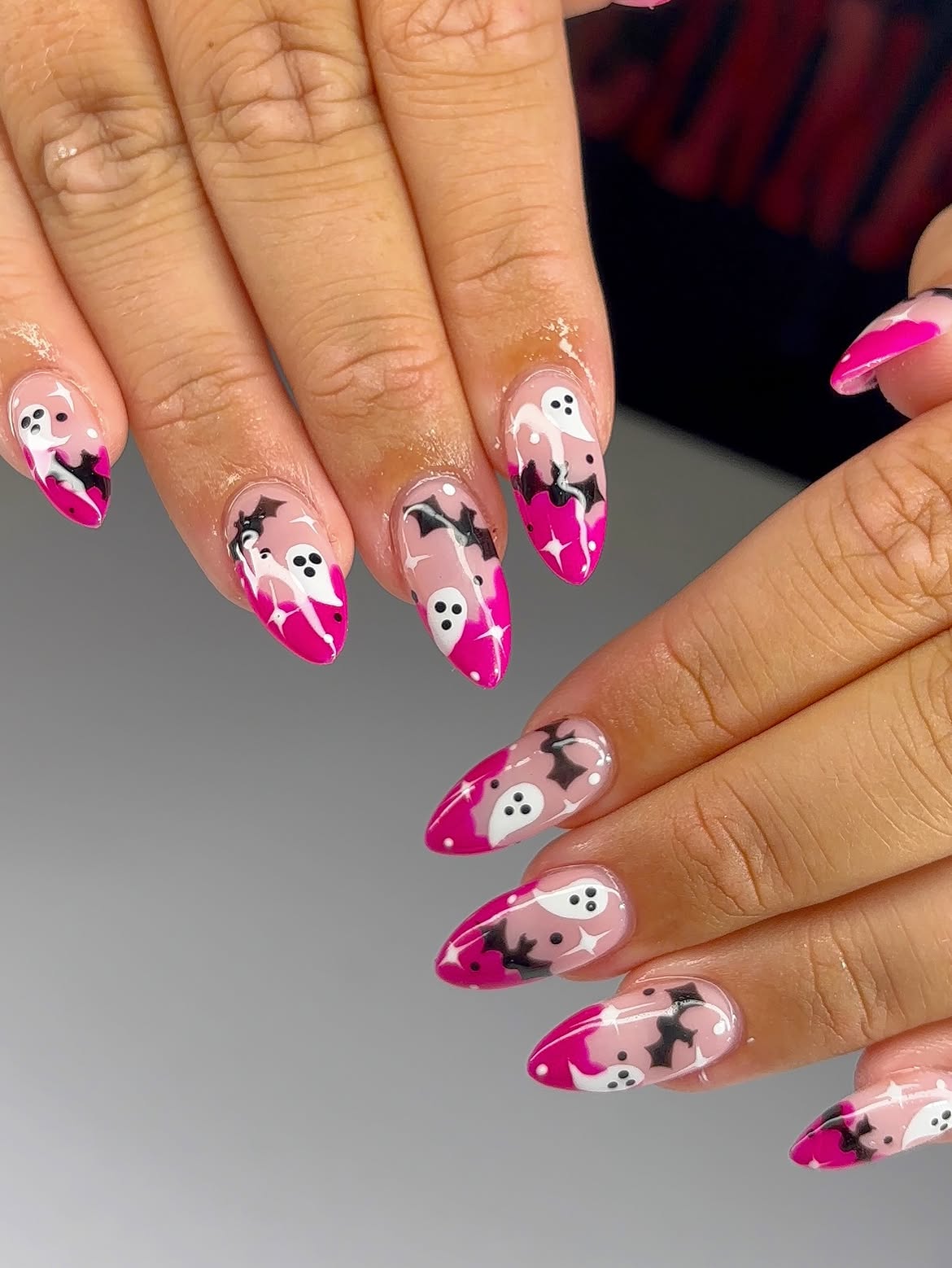 Pink Ghost and Bat Halloween Almond Nails
