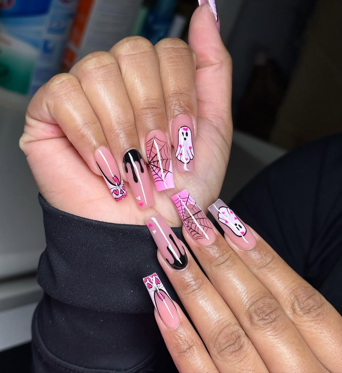 Pink Ghost and Spiderweb Halloween French Tips