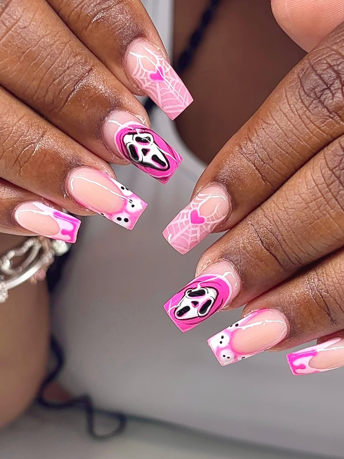 Pink Ghostface & Spiderweb French Tip Nails
