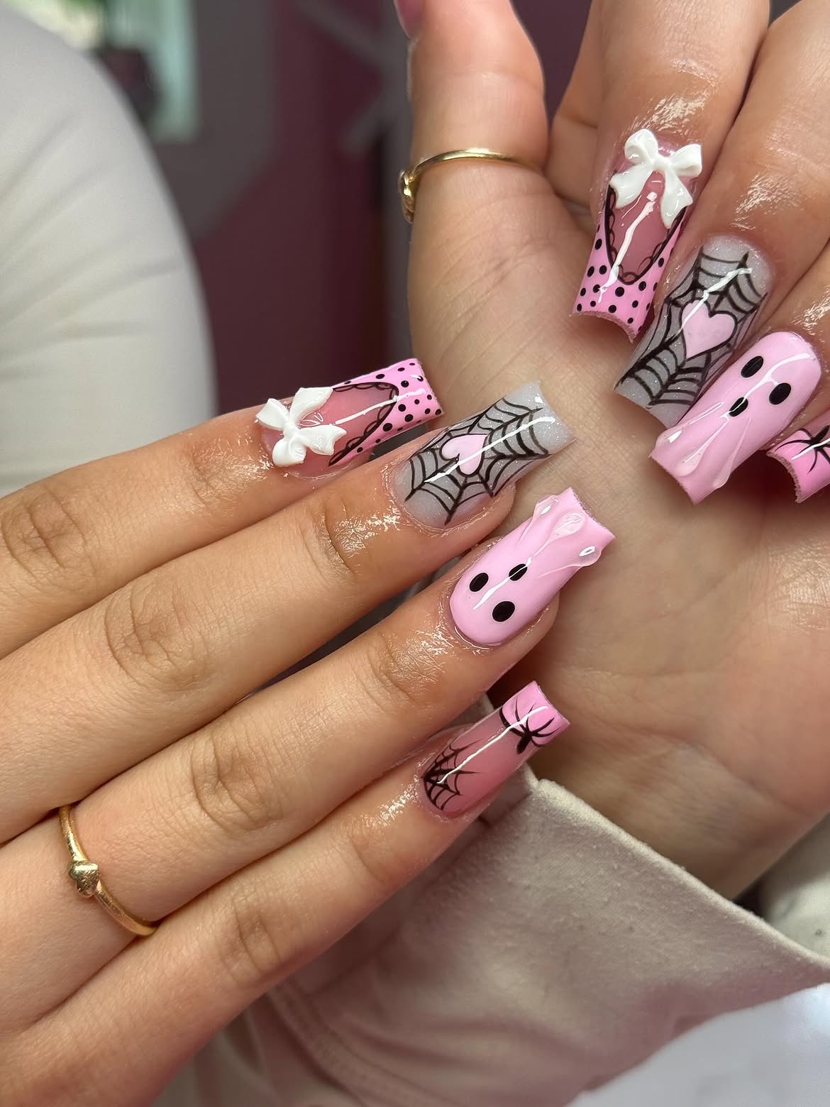 Pink Halloween Coffin Nails with Ghosts and Spiderwebs