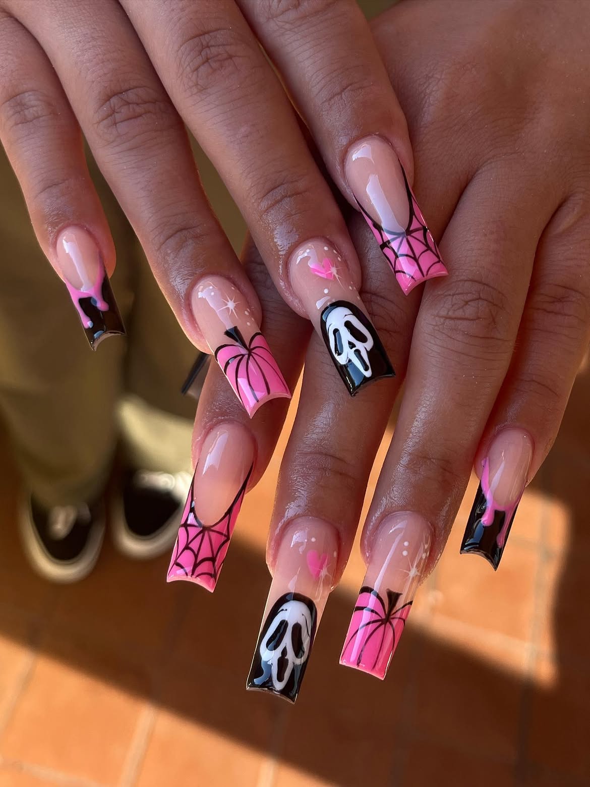 Pink Halloween French Tip Coffin Nails