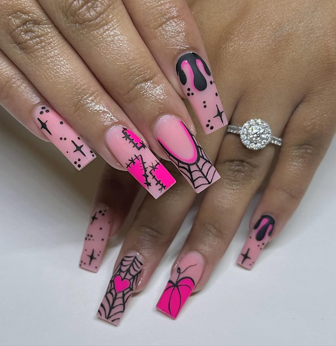 Pink Halloween French Tip Coffin Nails