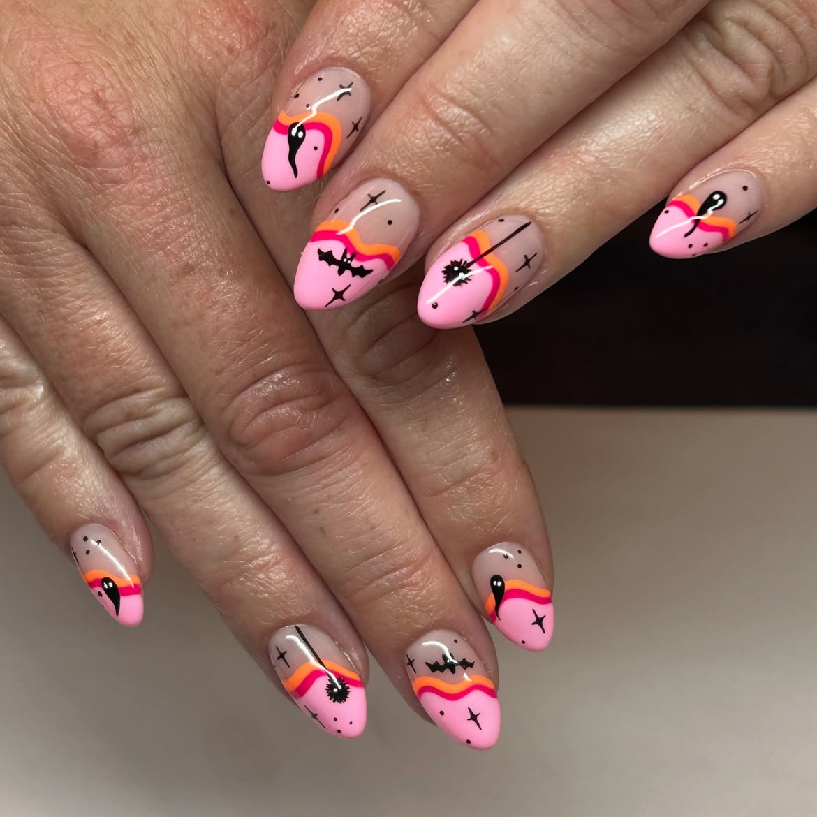 Pink Halloween Ghost and Bat Almond Nails