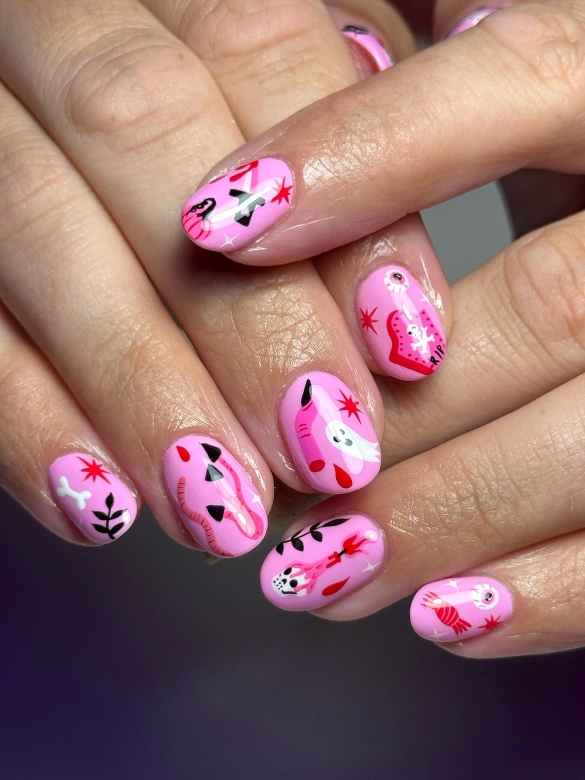Pink Halloween Ghost and Bone Oval Nails