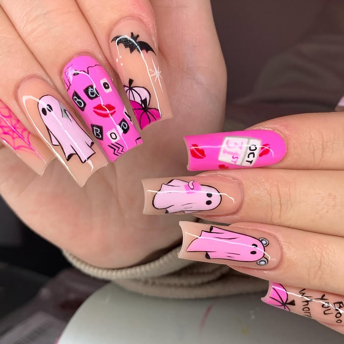 Pink Halloween Ghost & Bat Press-On Nails