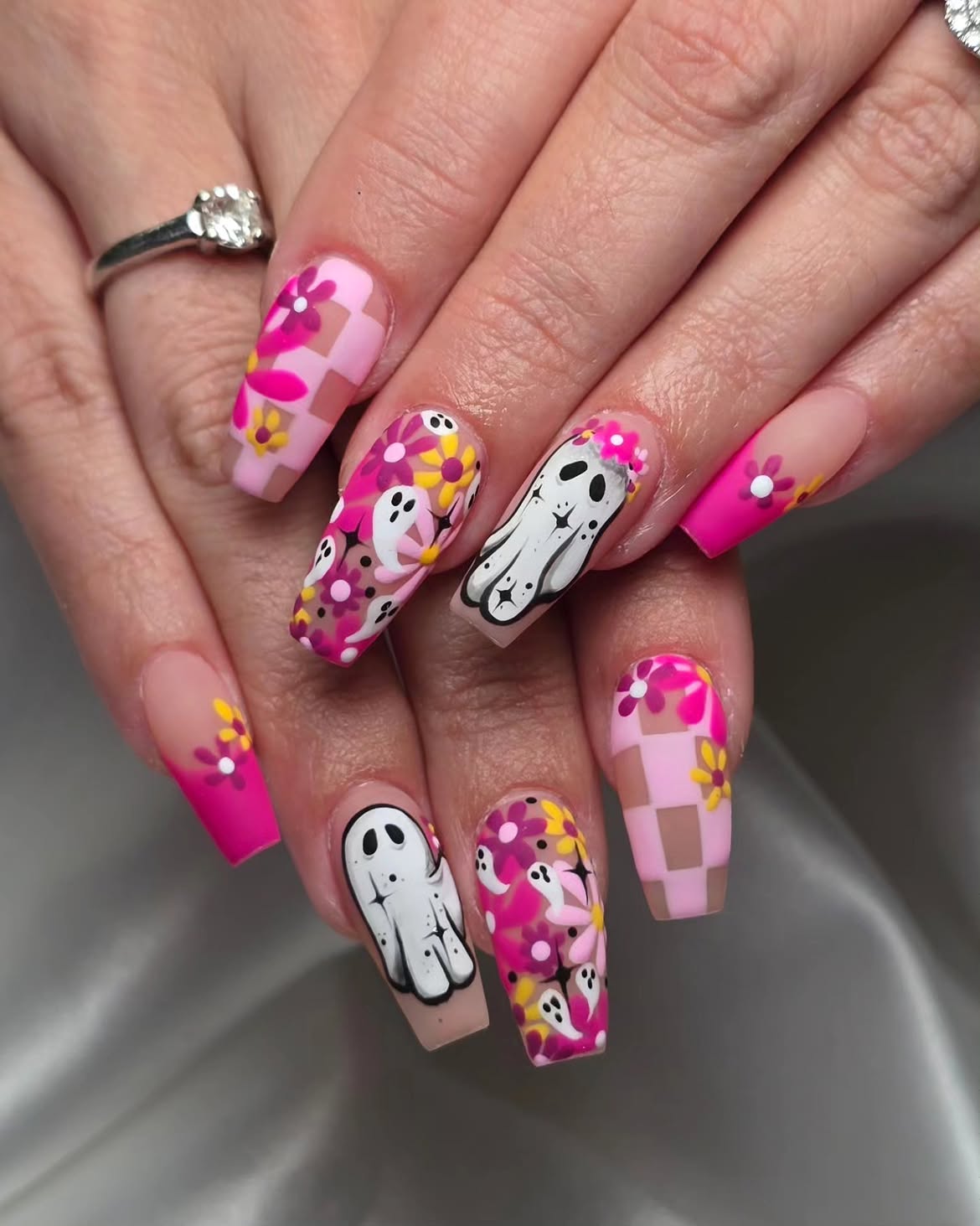 Pink Halloween Ghost Floral Coffin Nails