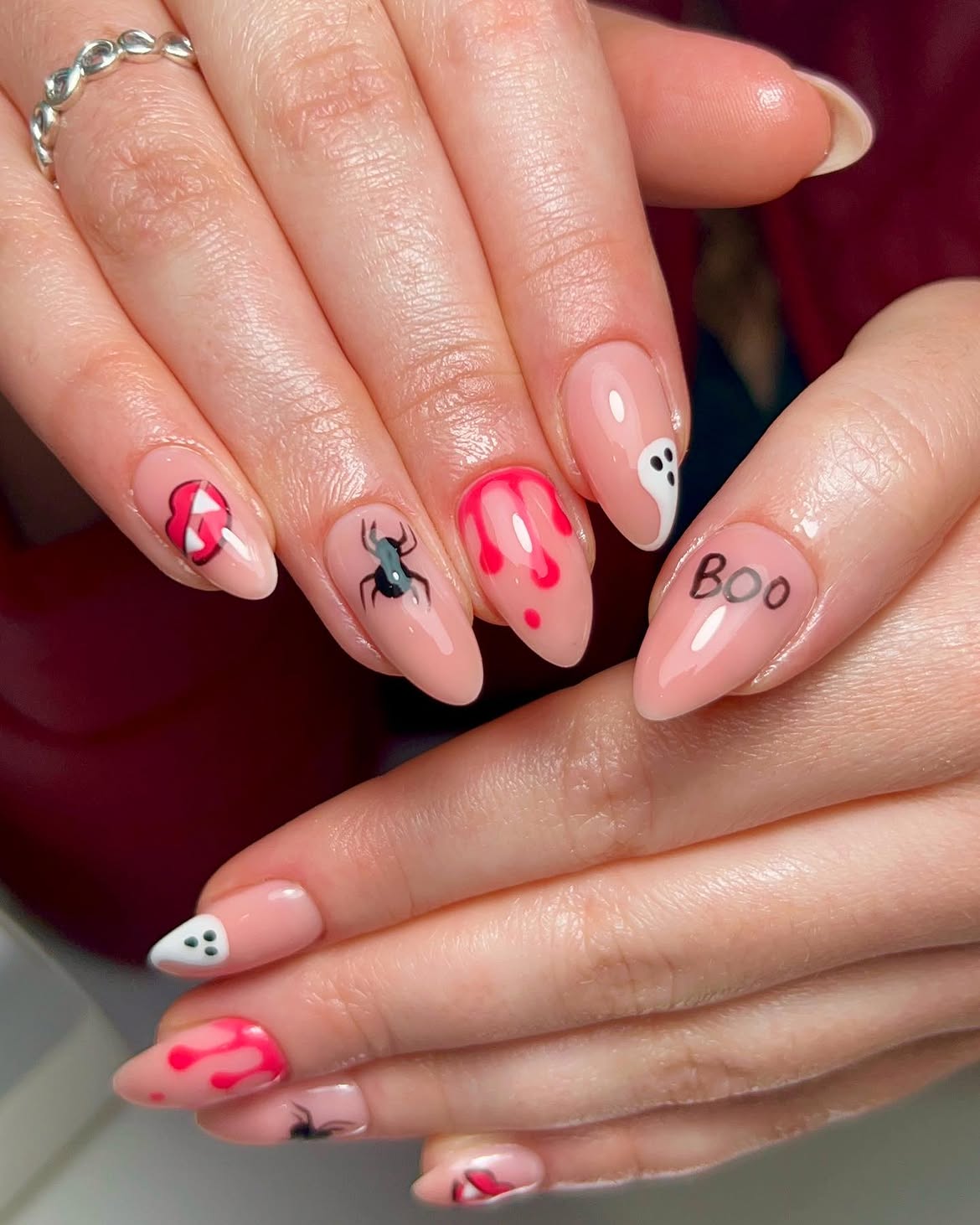 Pink Halloween Ghost & Spider Almond Nails