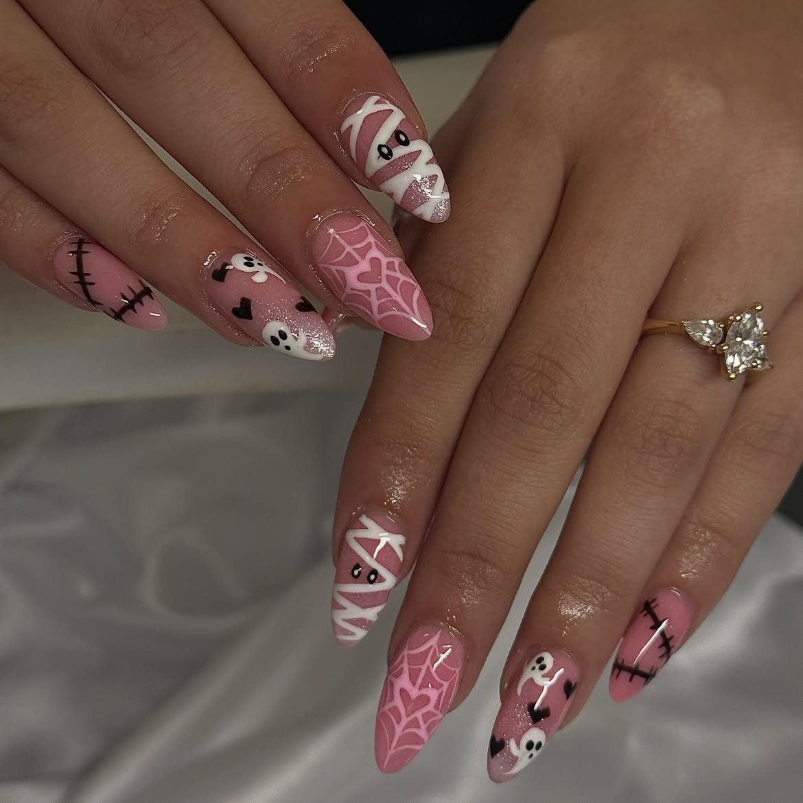 Pink Halloween Mummy and Ghost Nail Art