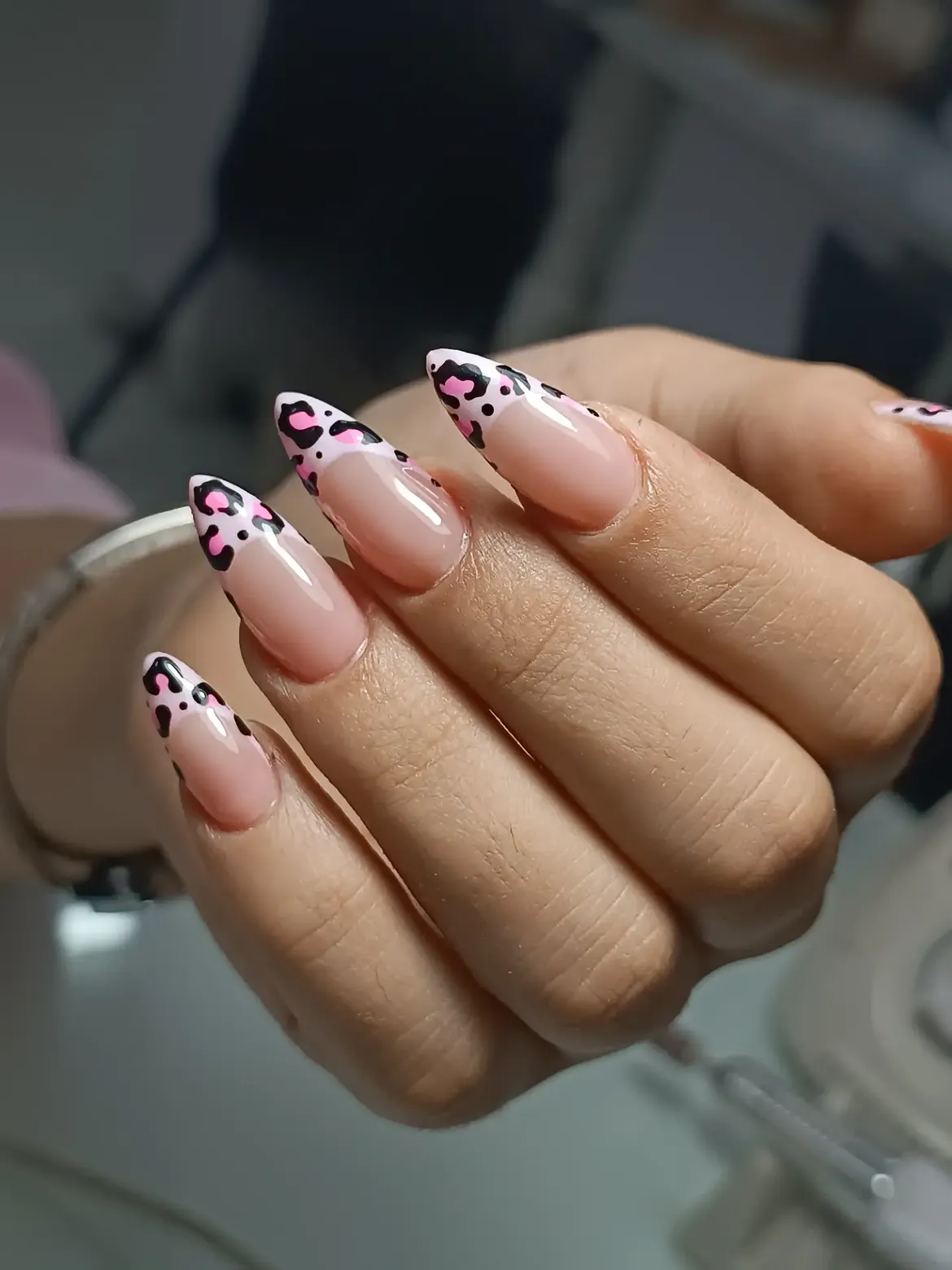 Pink Leopard French Tip Almond Nails