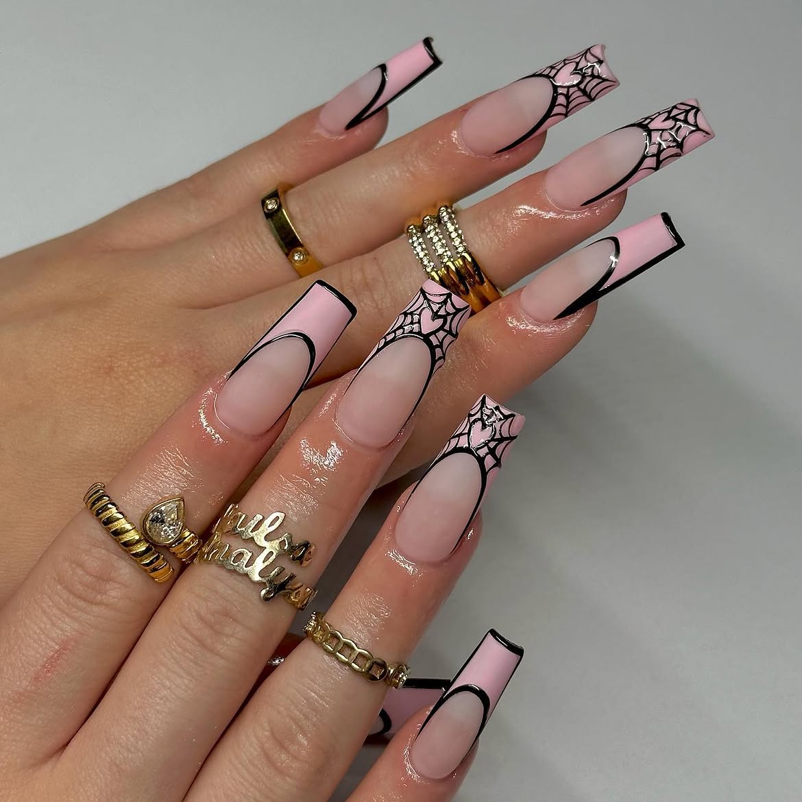 Pink Spiderweb French Tip Coffin Nails