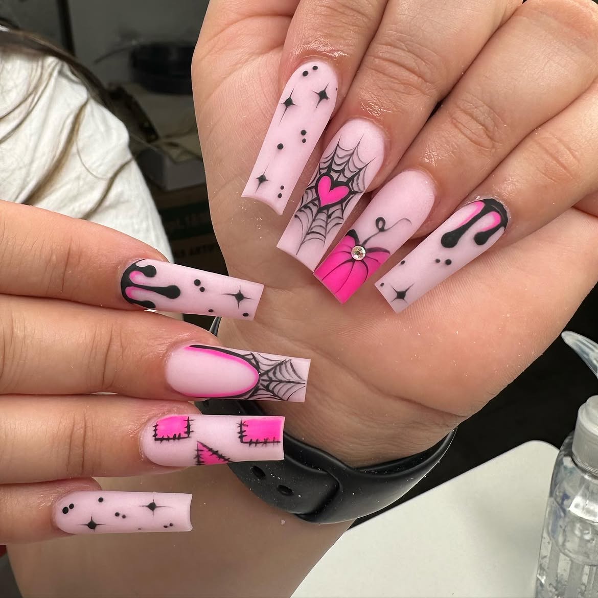 Pink Spooky Halloween Spiderweb Coffin Nails