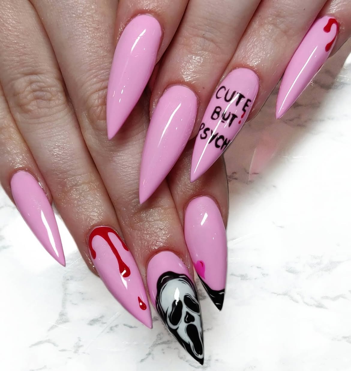 Pink Stiletto Halloween Ghost Face Nails
