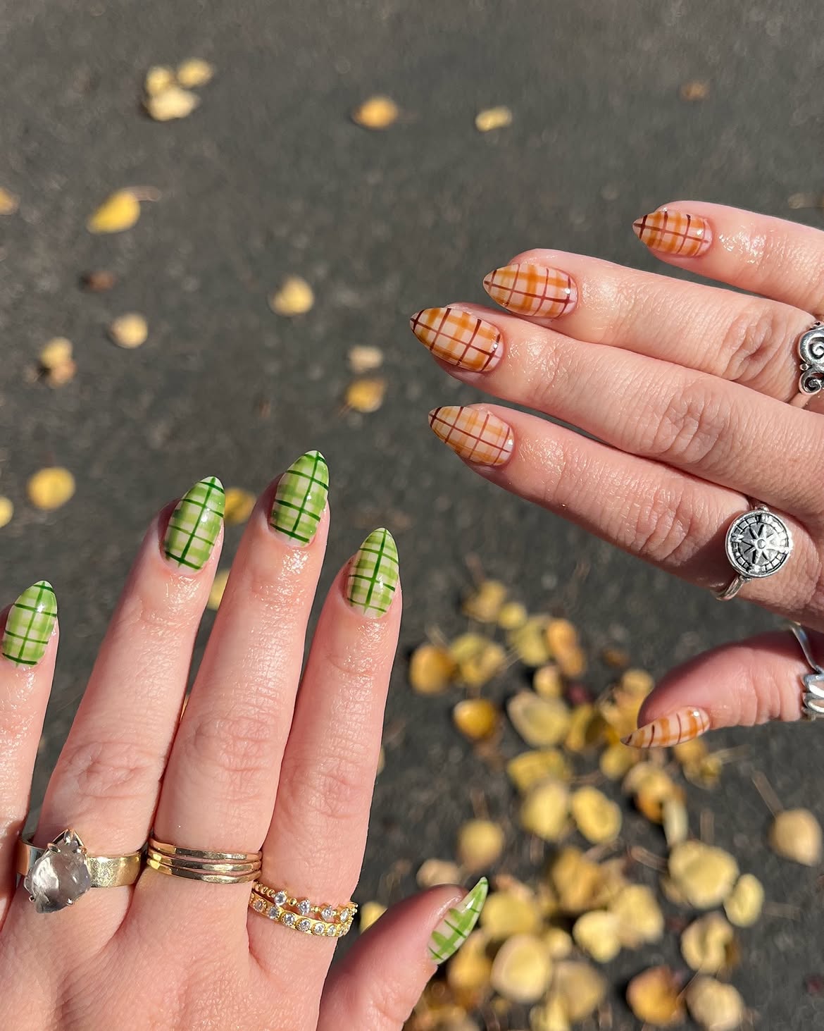 Plaid Fall Almond Nails with Green and Orange