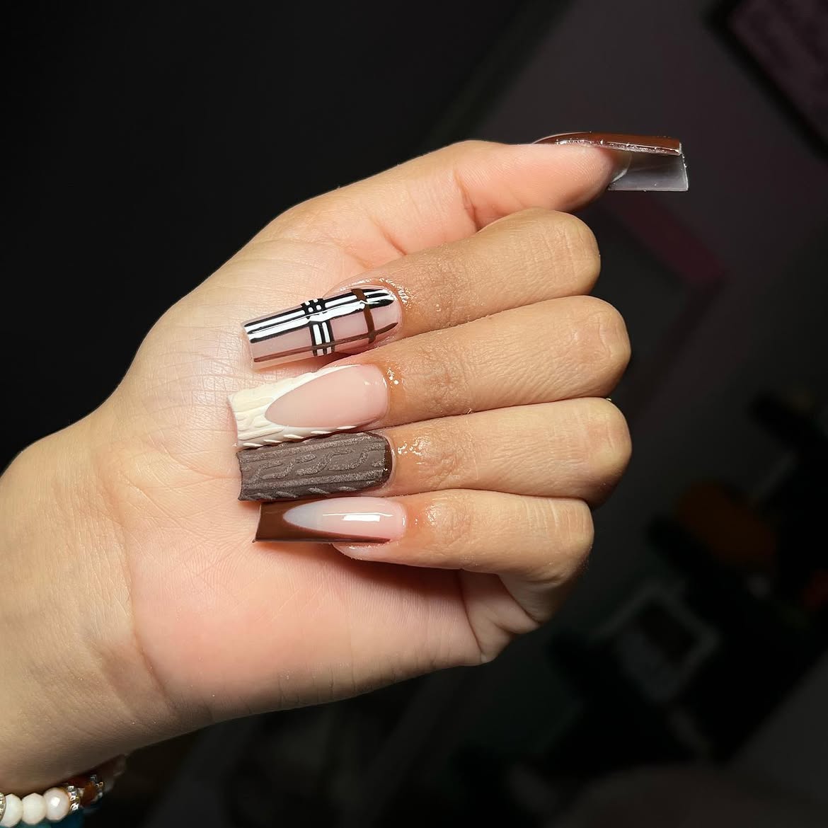 Plaid French Coffin Nails With Textured Accents