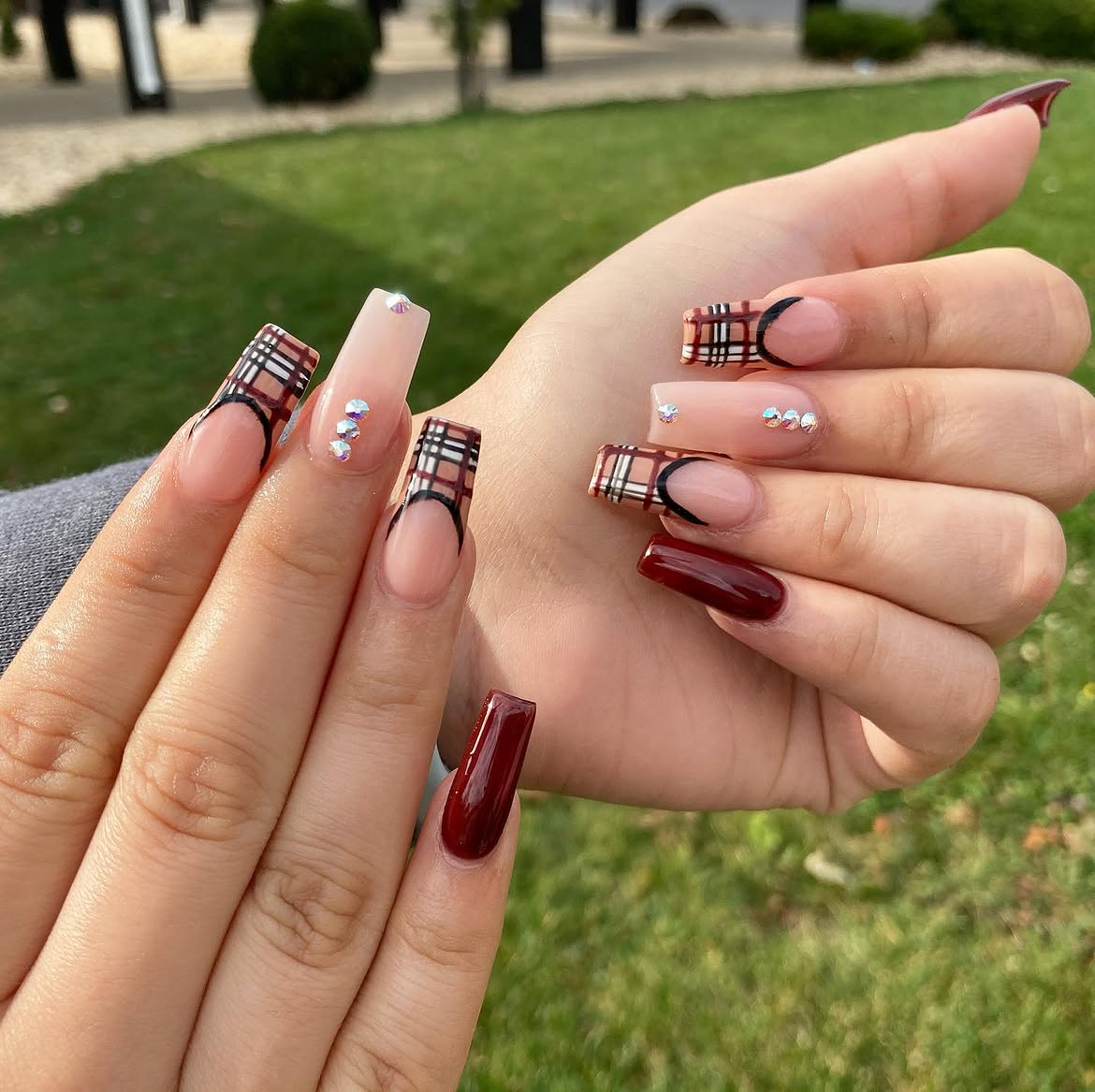 Plaid French Tip Coffin Nails with Rhinestones