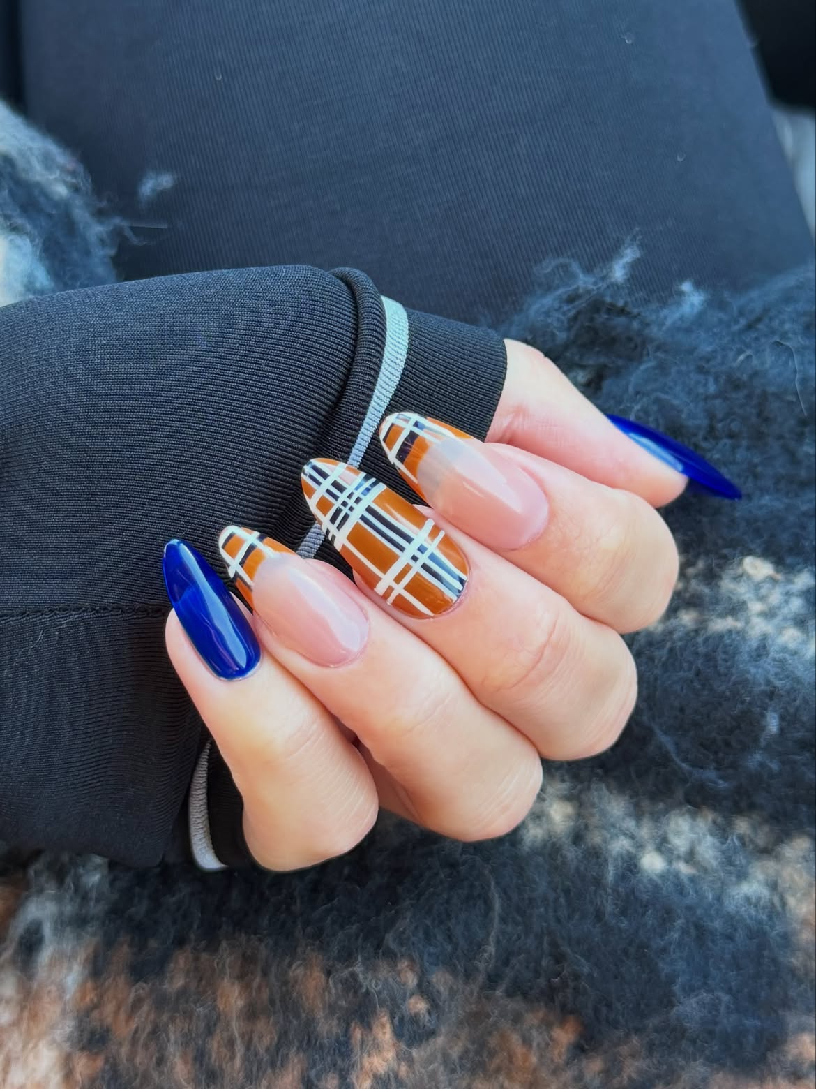 Plaid French Tips With Cobalt Blue Accents