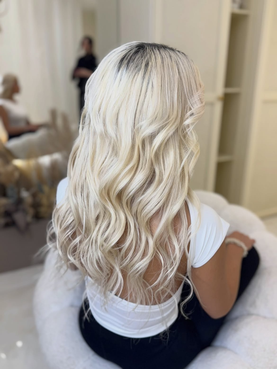 Platinum Blonde Waves With Dark Root Blend