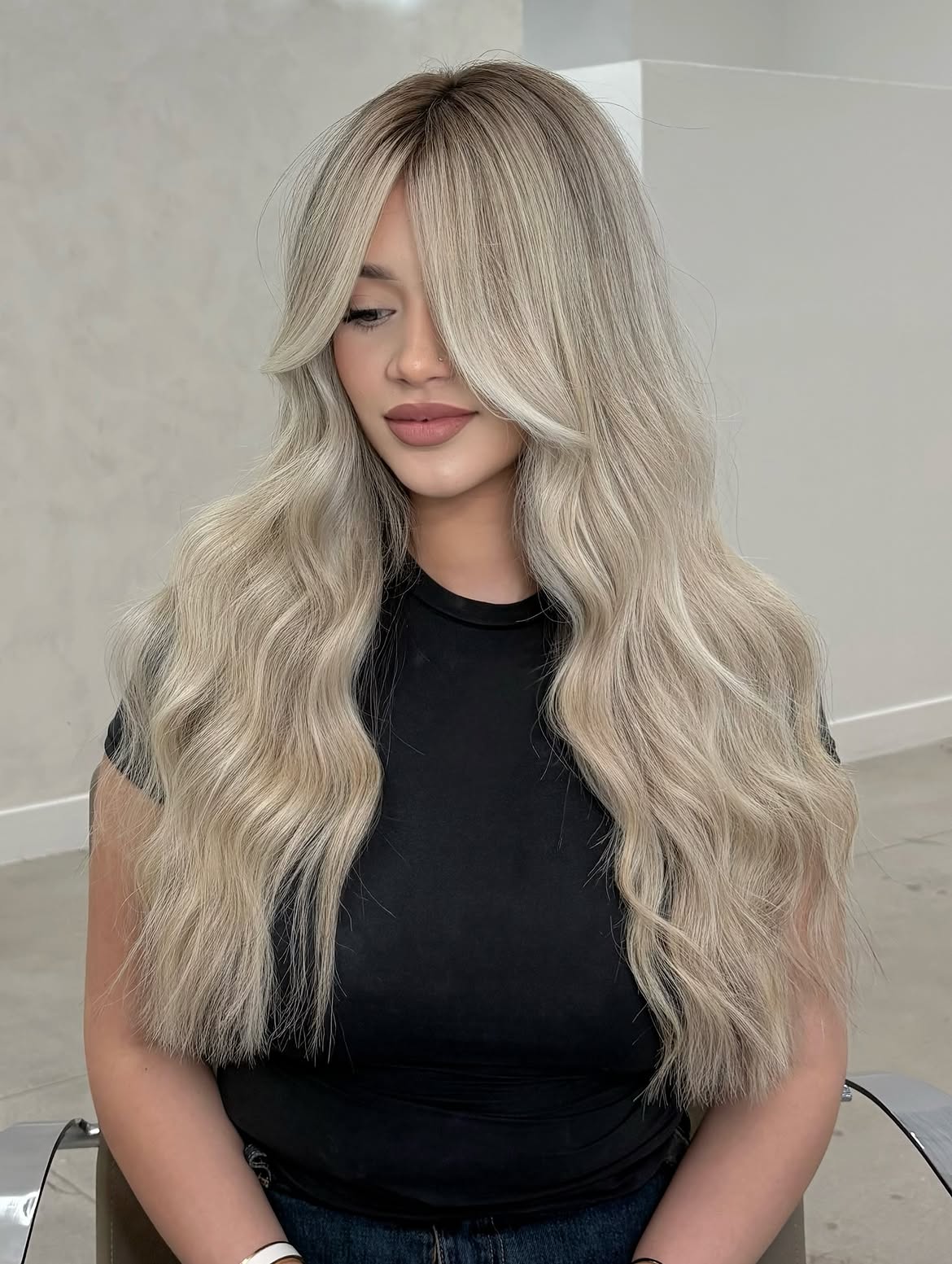 Platinum Blonde Waves With Face Framing Layers