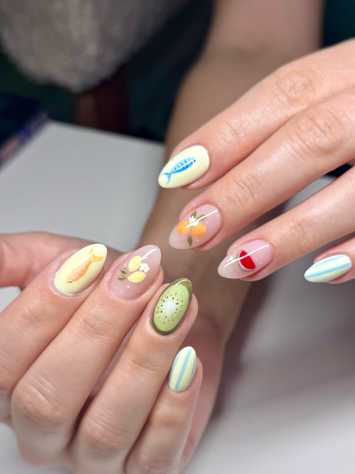 Playful Fruit And Ocean Themed Summer Almond Nails