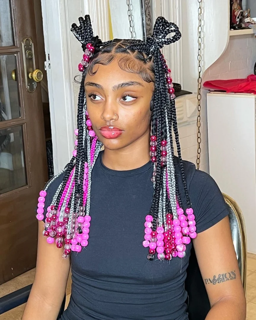 Playful Space Buns With Pink & Silver Braids