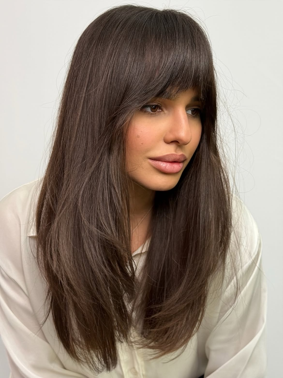 Polished Brunette Layers With Soft Side Swept Bangs