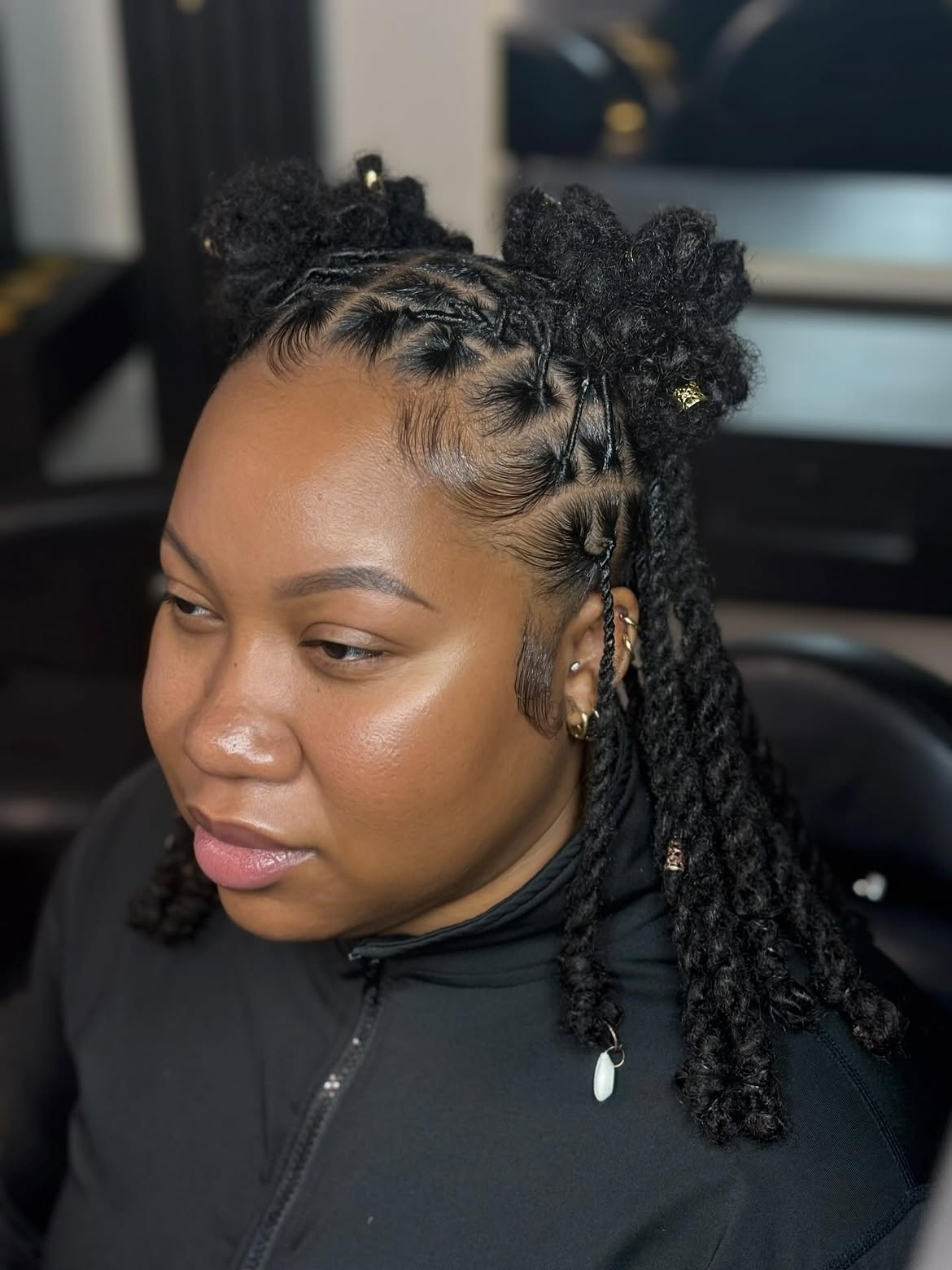 Protective Double Space Buns With Loose Locs