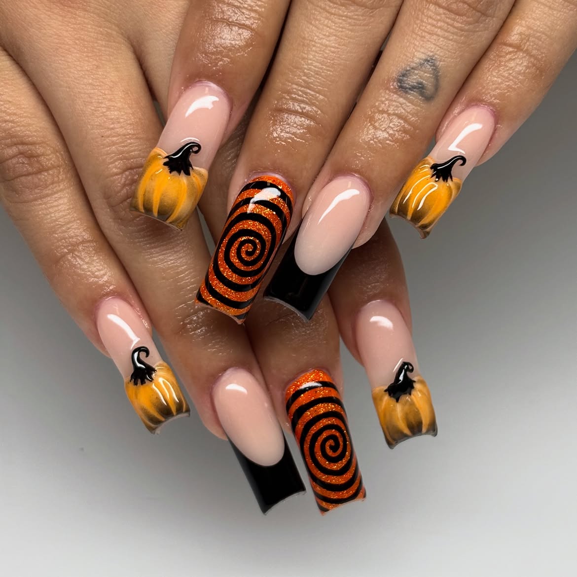Pumpkin Patch Black Swirl French Tip Nails