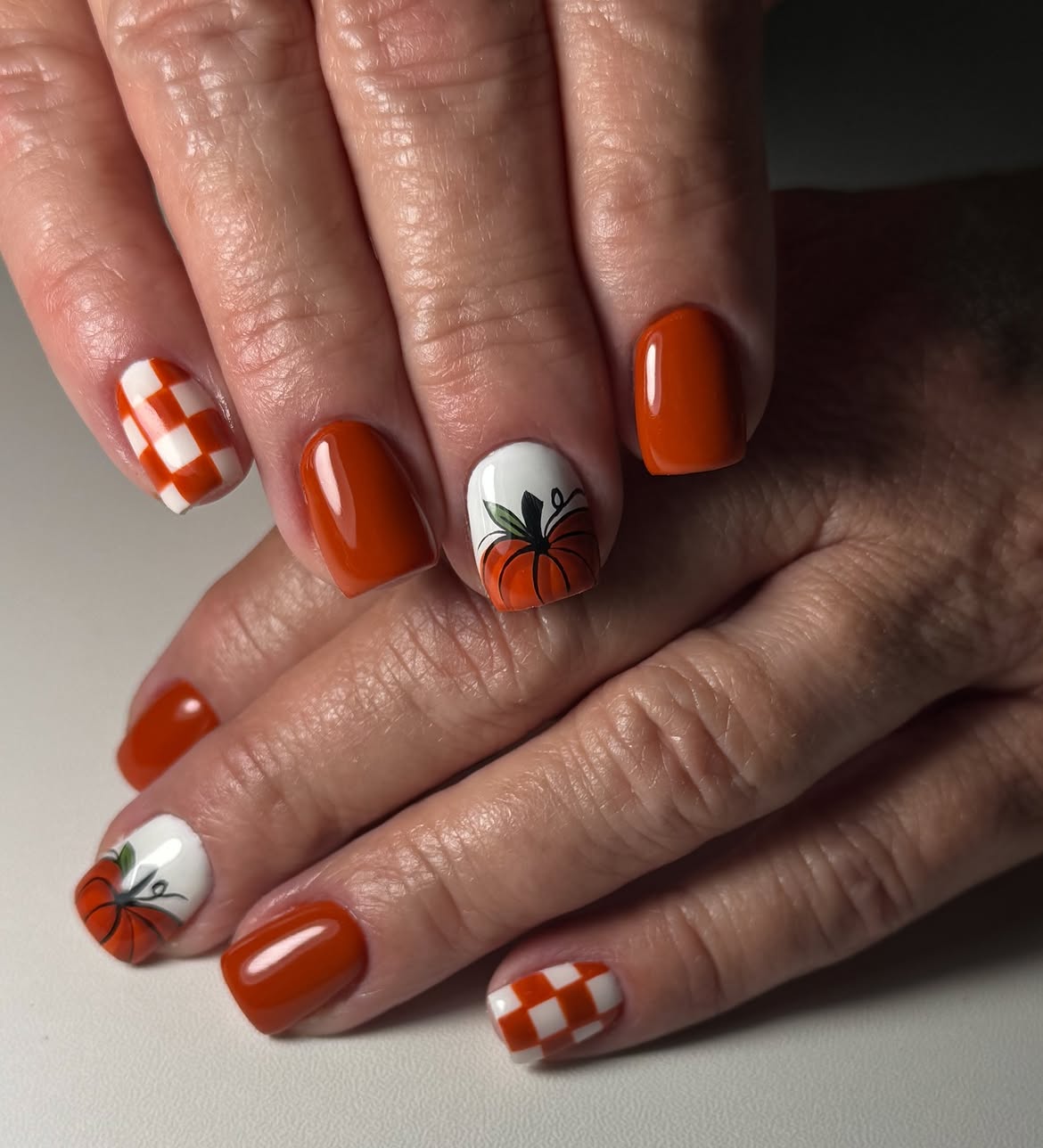 Pumpkin Patch Orange & White Checkerboard Nails