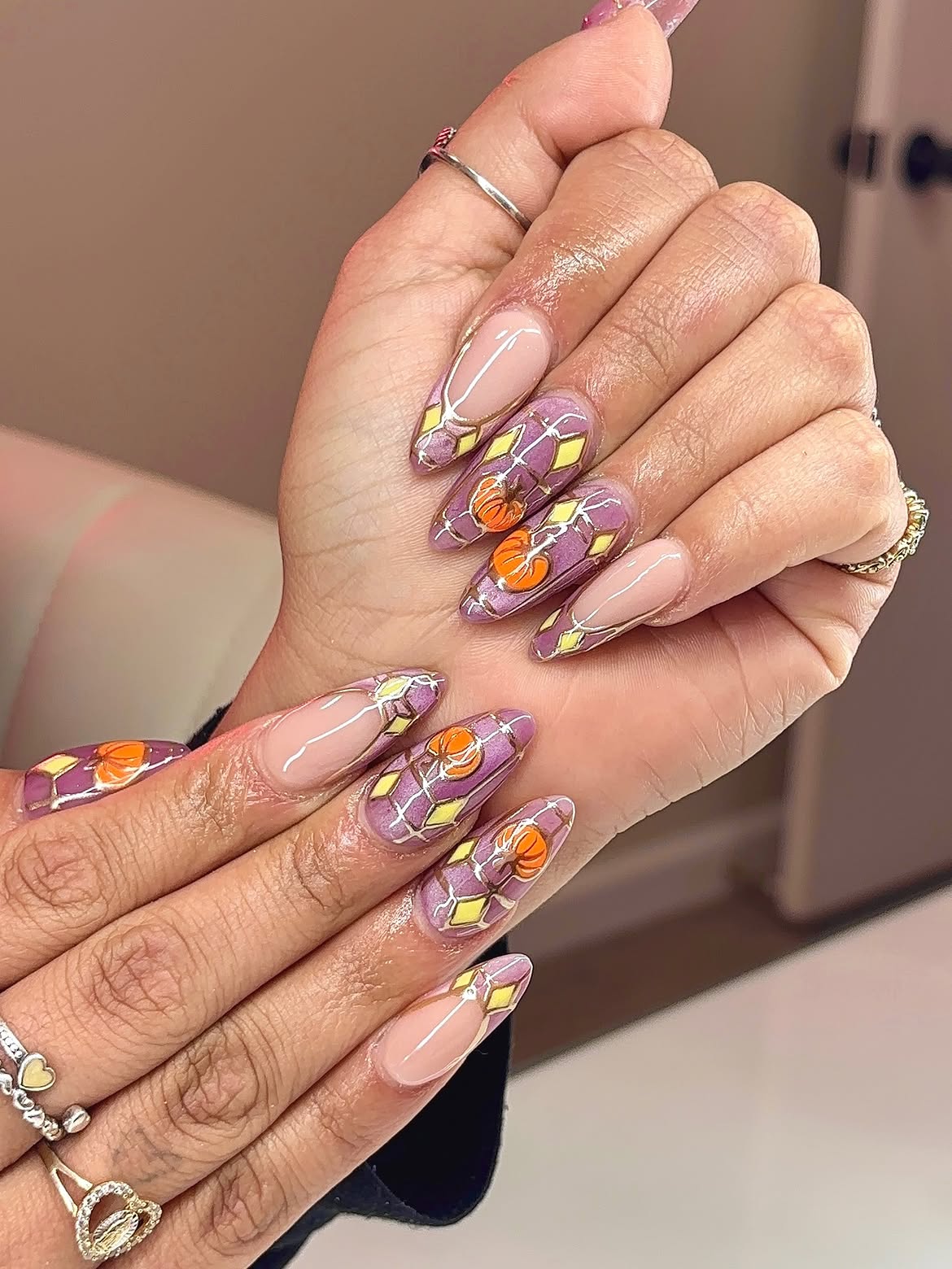 Purple Pumpkin Patch Stained Glass French Tips