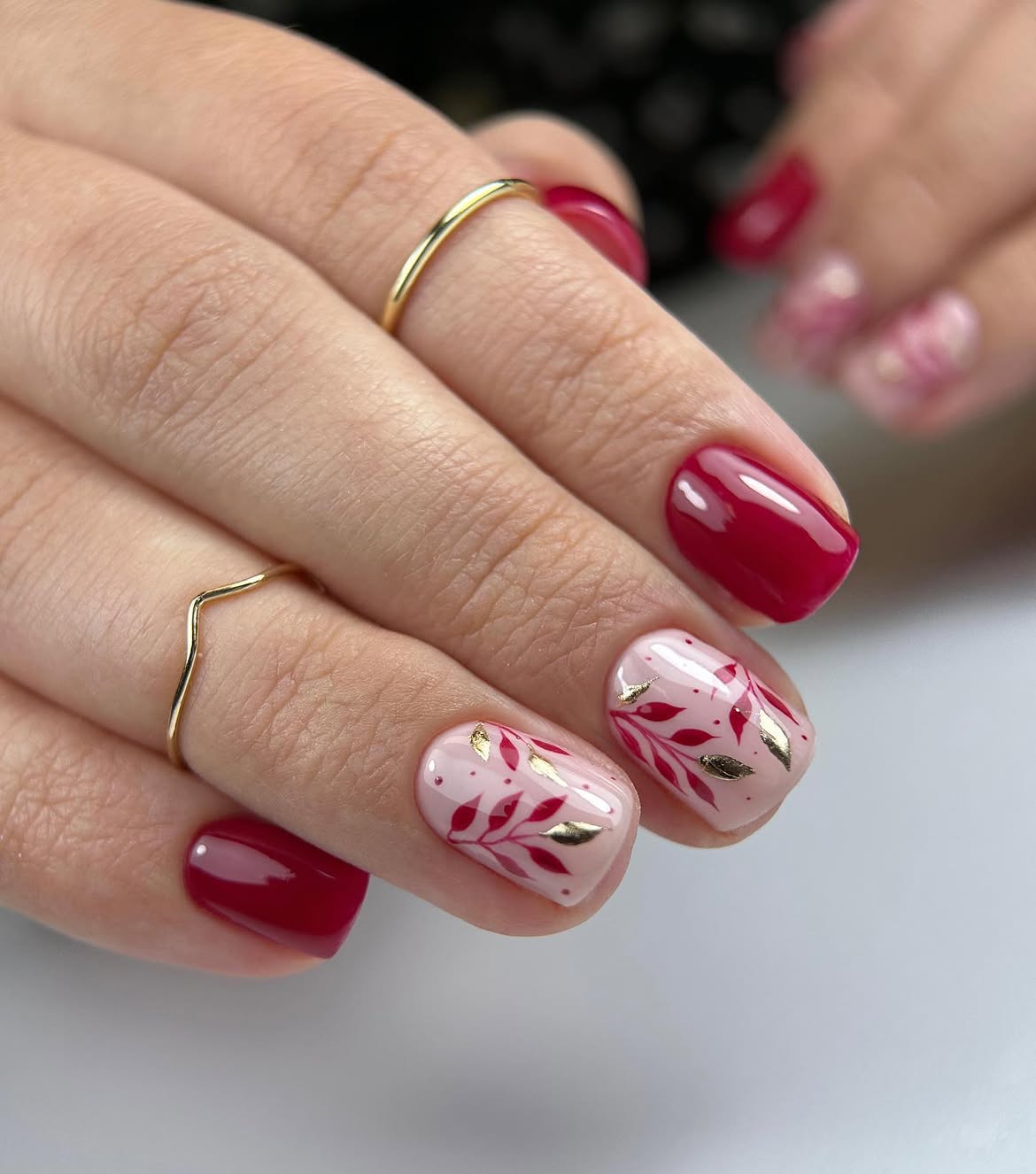 Red Leaf Fall Nails with Gold Accents