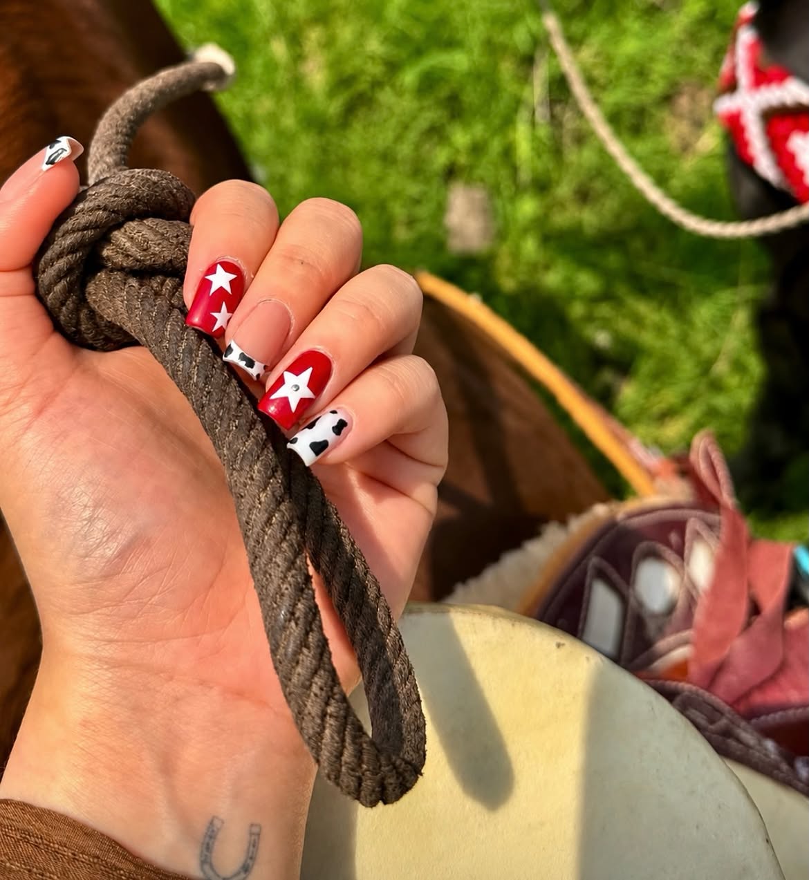 Red White Starry Cow Print French Tips