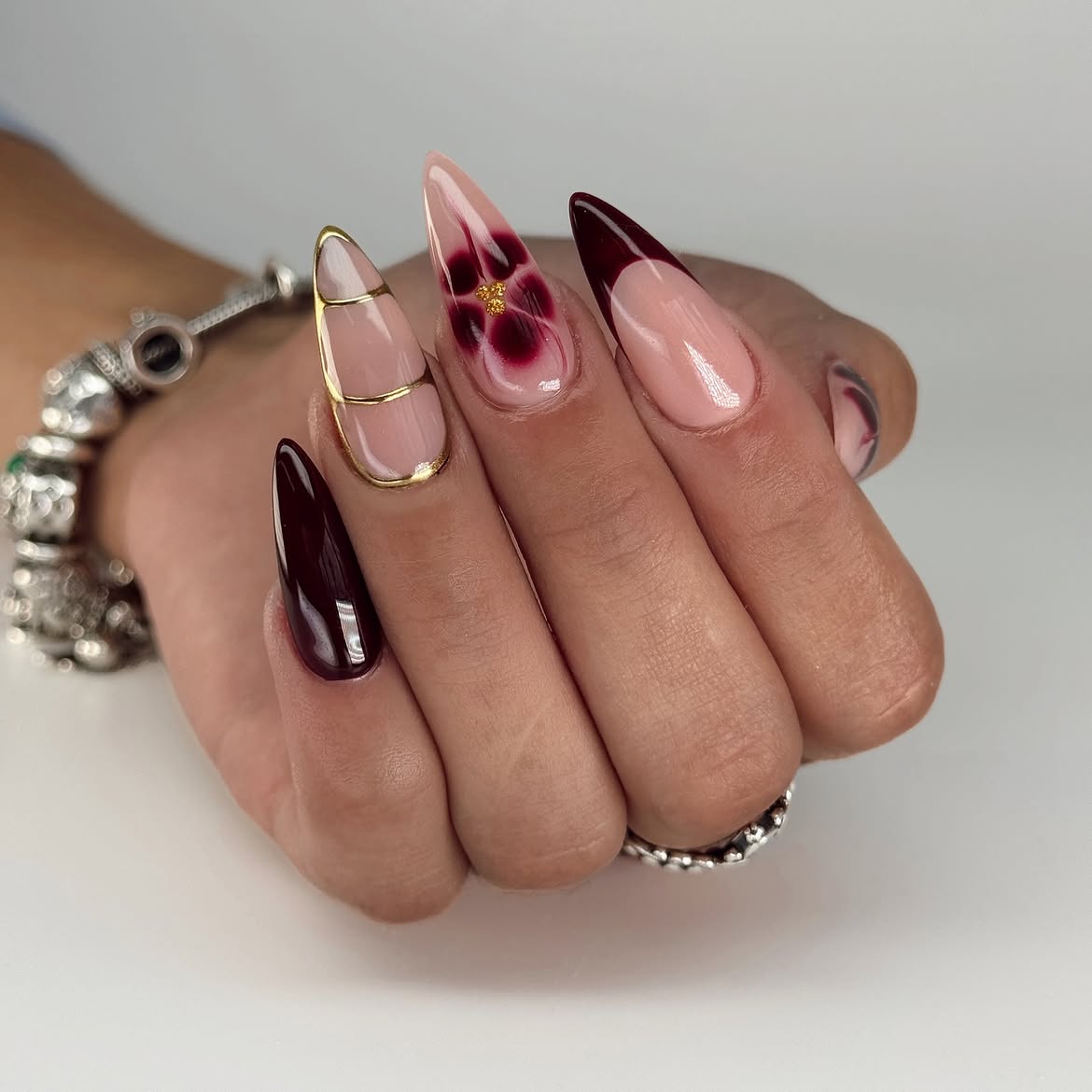 Rich Burgundy Ombre and Floral Stiletto Nails