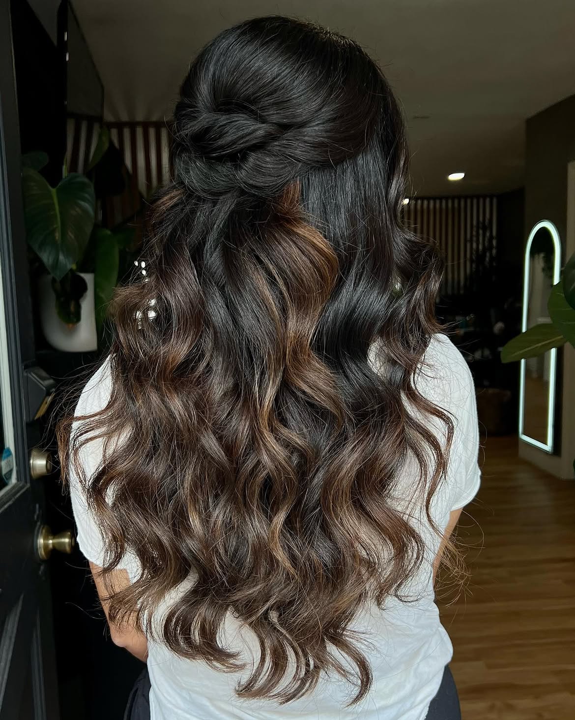 Rich Chocolate Balayage With Twisted Half Up