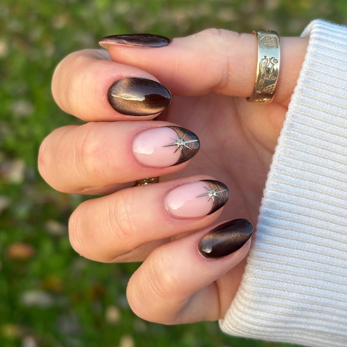 Rich Chocolate Cat Eye French Tips with Star Accent