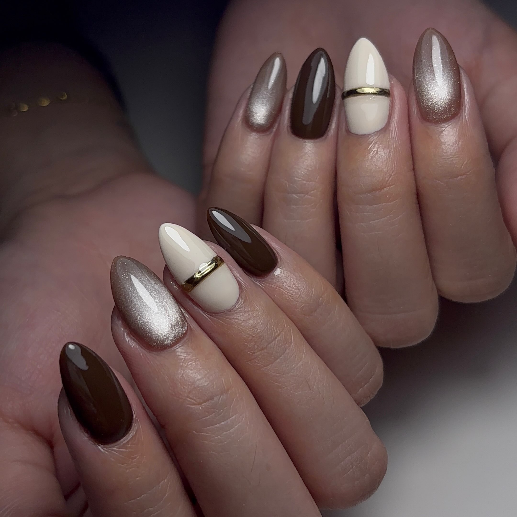 Rich Chocolate & Champagne Cat Eye Almond Nails
