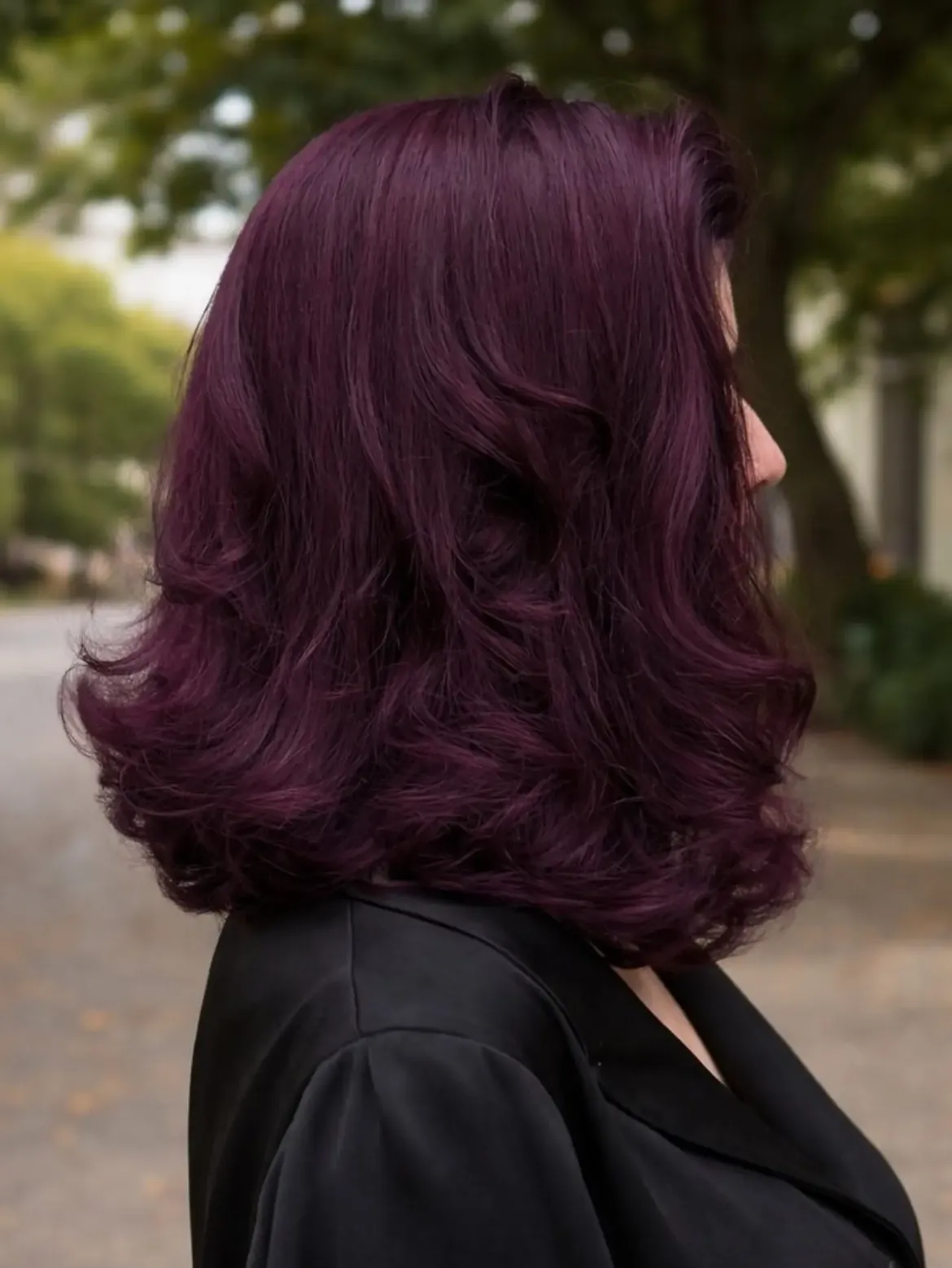 Rich Plum Velvet Layers On Shoulder Length Cut