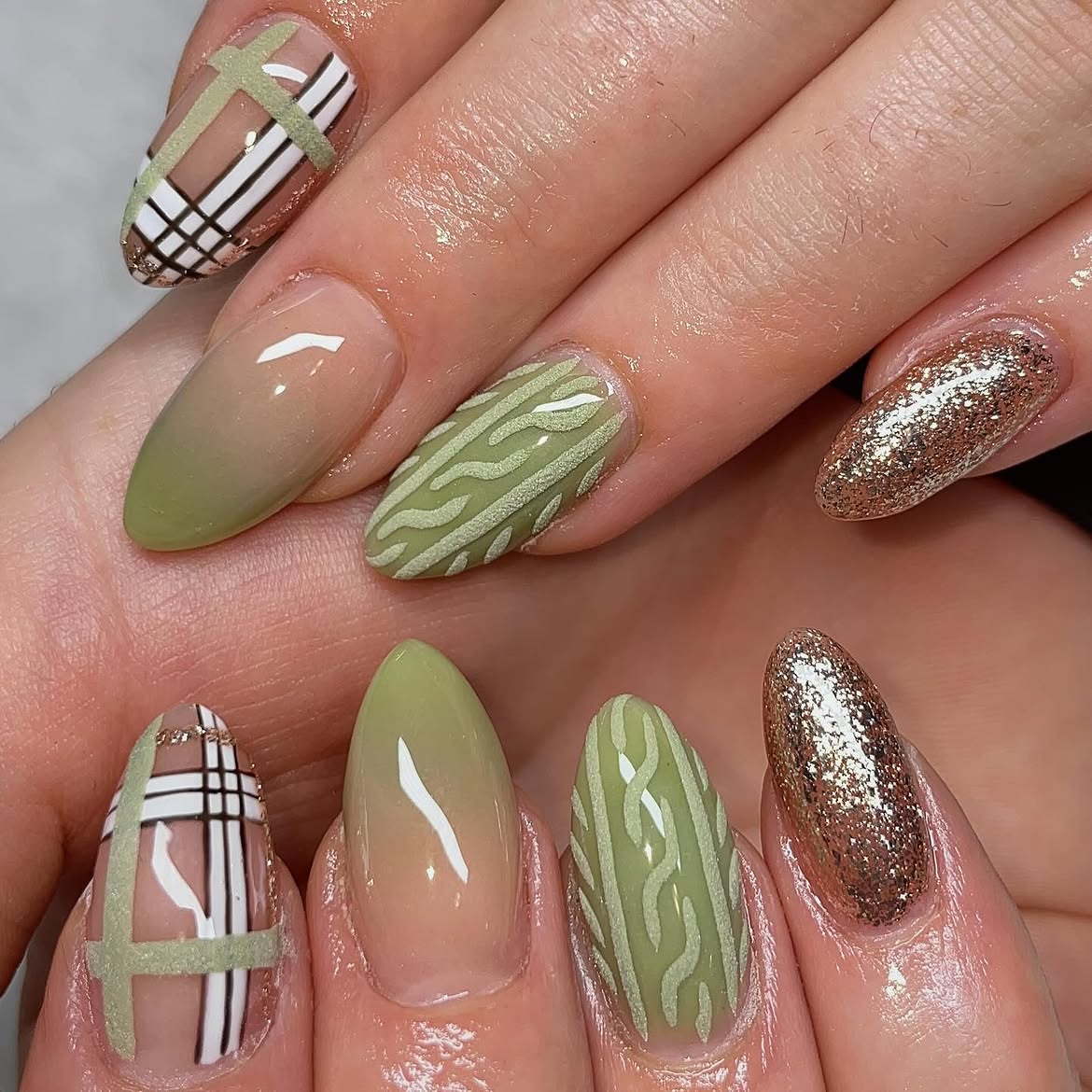 Sage Green Cable Knit Plaid Almond Nails