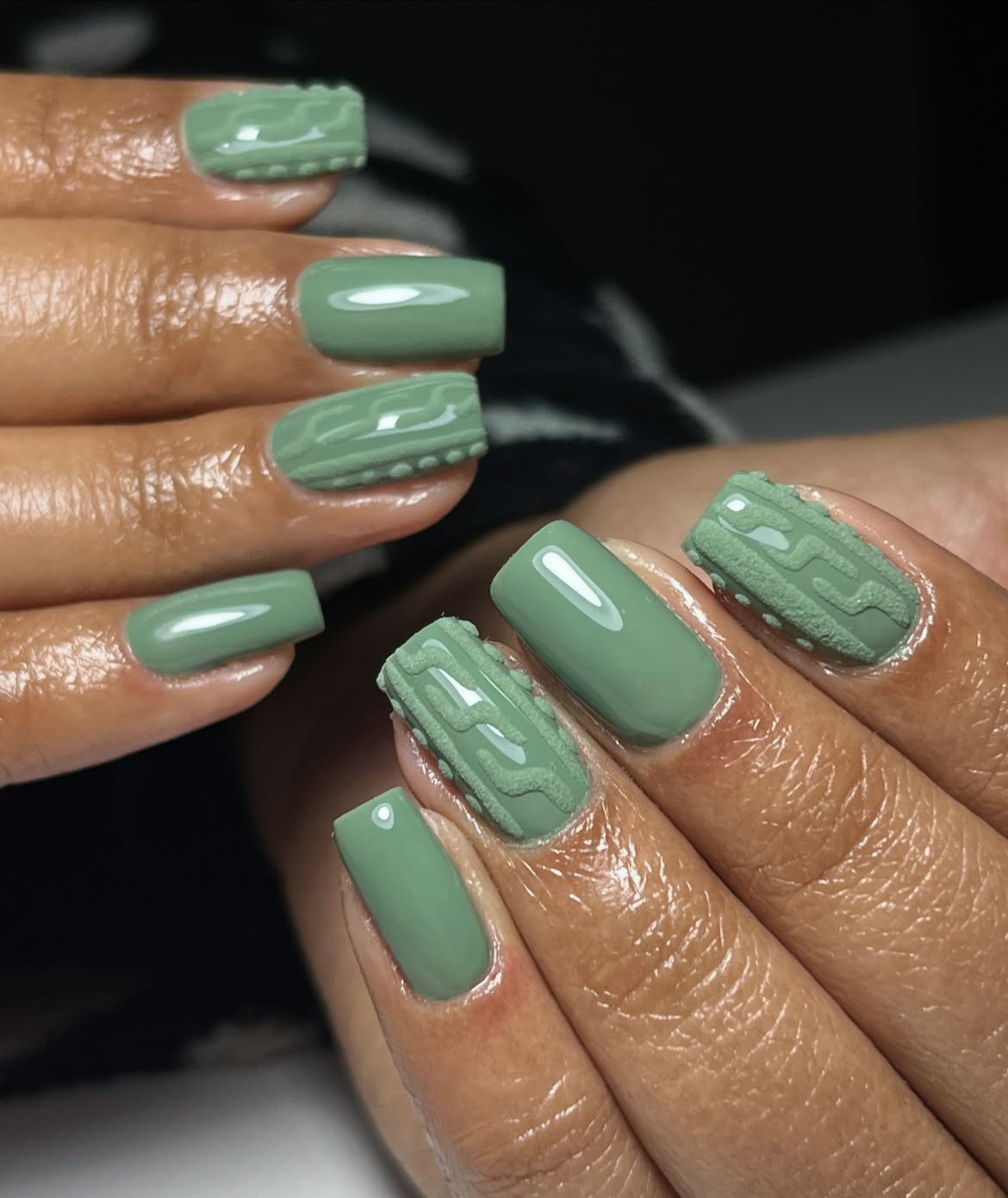 Sage Green Cable Knit Square Nails