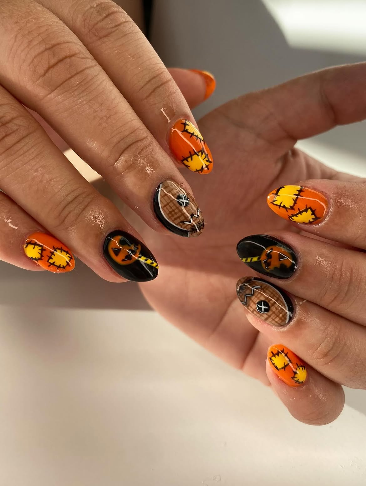 Scarecrow Pumpkin Patch Halloween Almond Nails