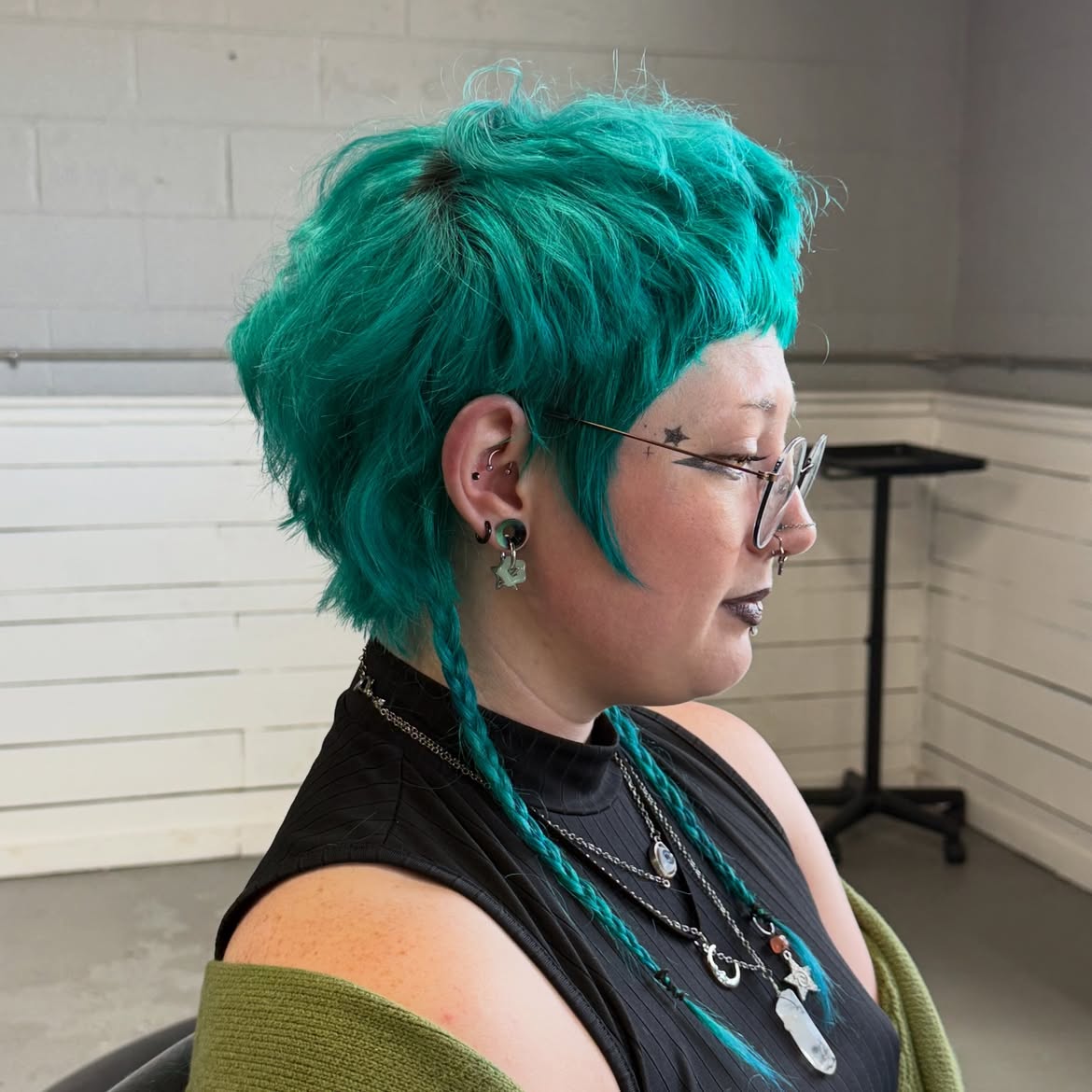 Shaggy Teal Mullet With Braided Pigtails
