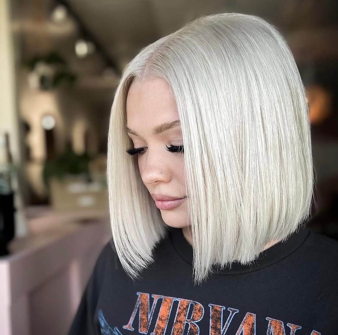 Sharp Platinum Blonde Blunt Bob With Straight Finish