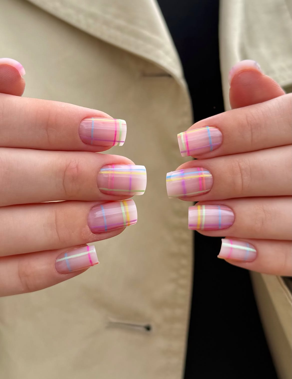 Sheer Pastel Plaid French Tip Nails