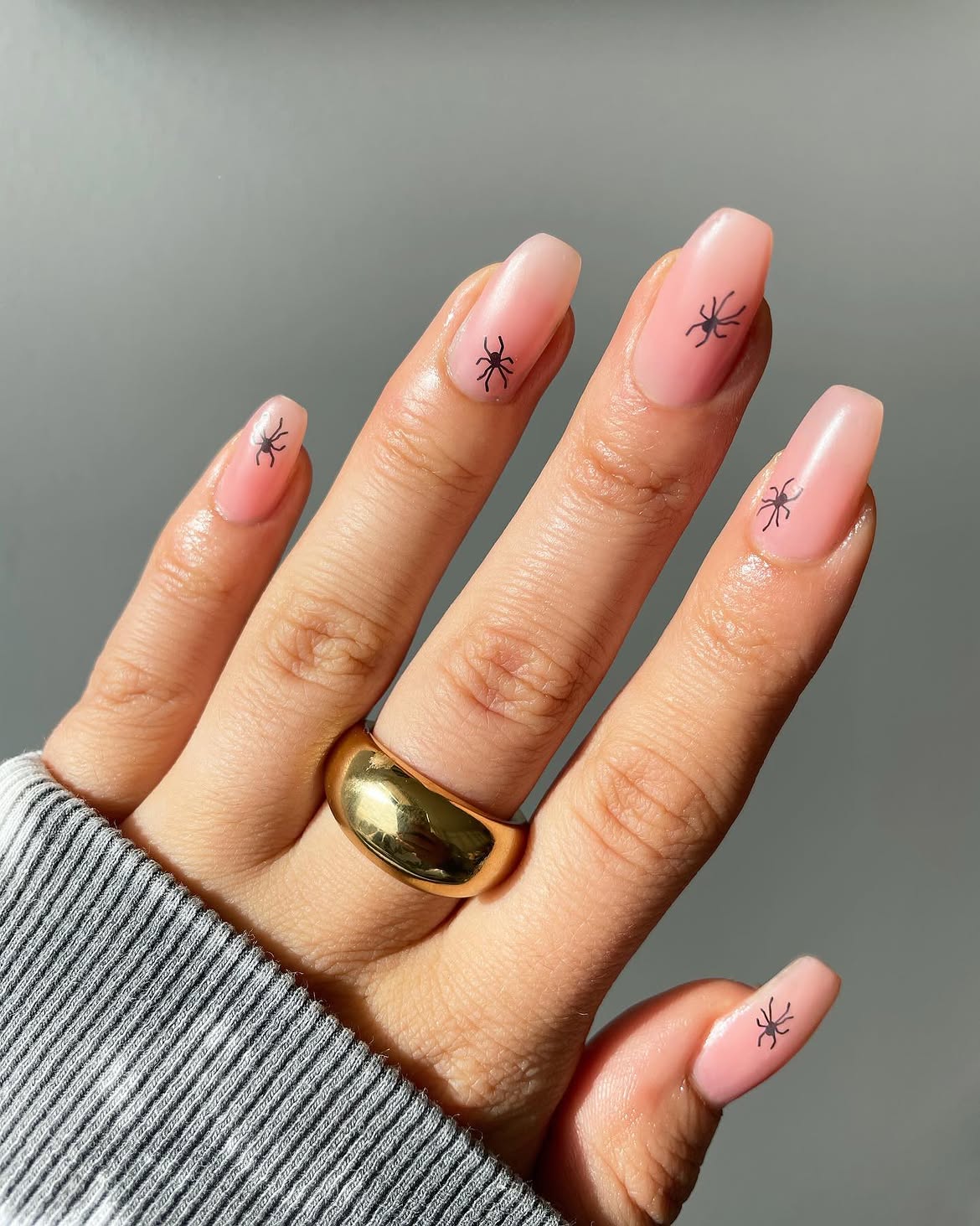 Sheer Pink Coffin Nails with Tiny Spider Accents