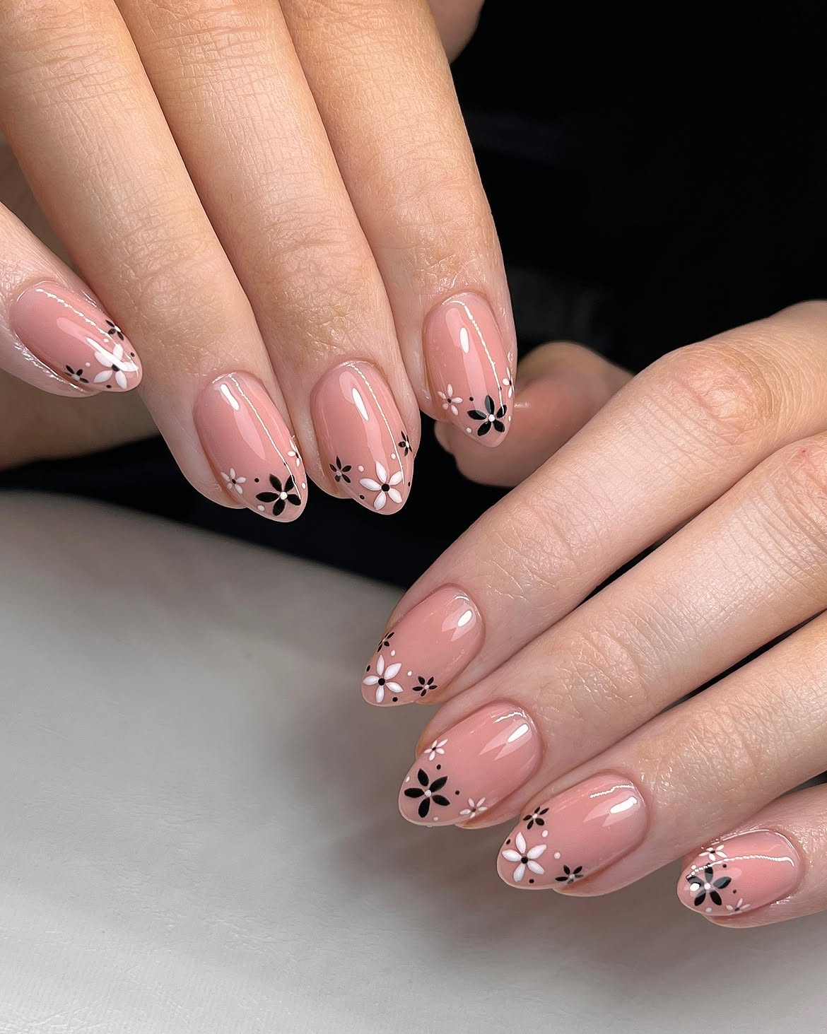 Sheer Pink Floral Almond Gel Nails