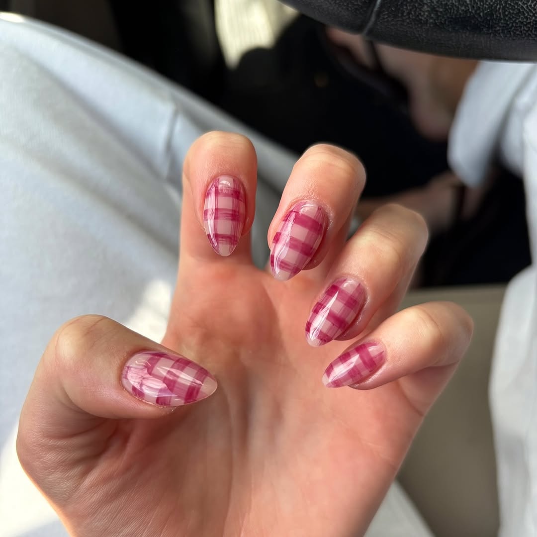 Sheer Pink Plaid Almond Nails