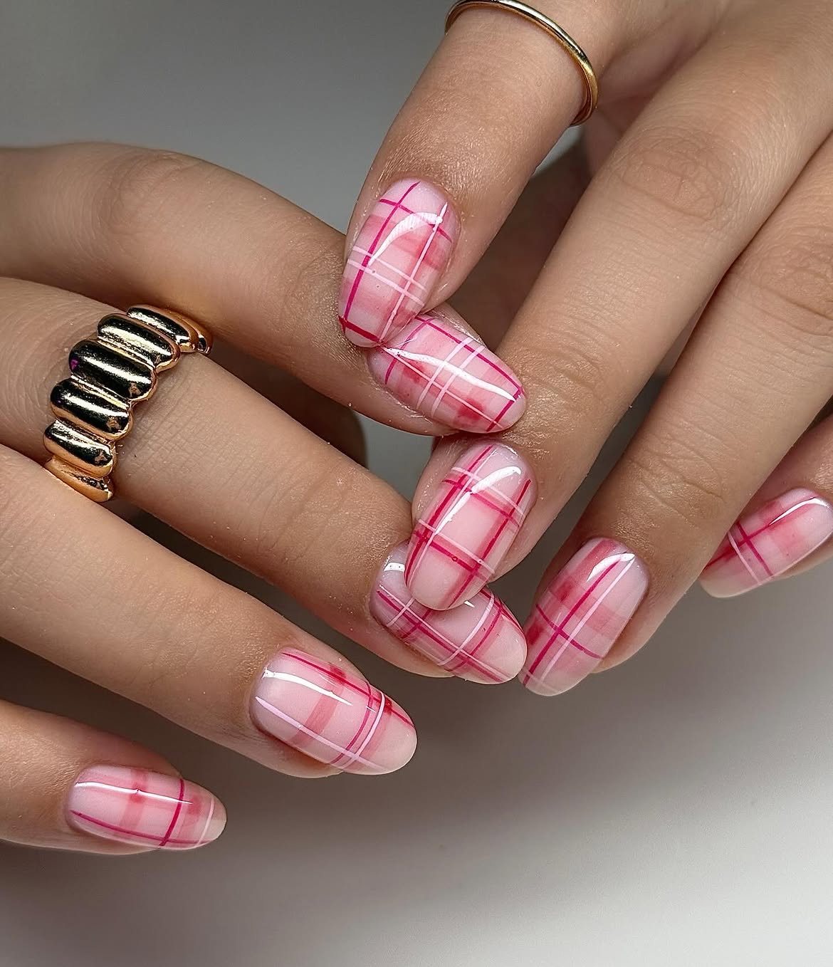 Sheer Pink Plaid Oval Nails