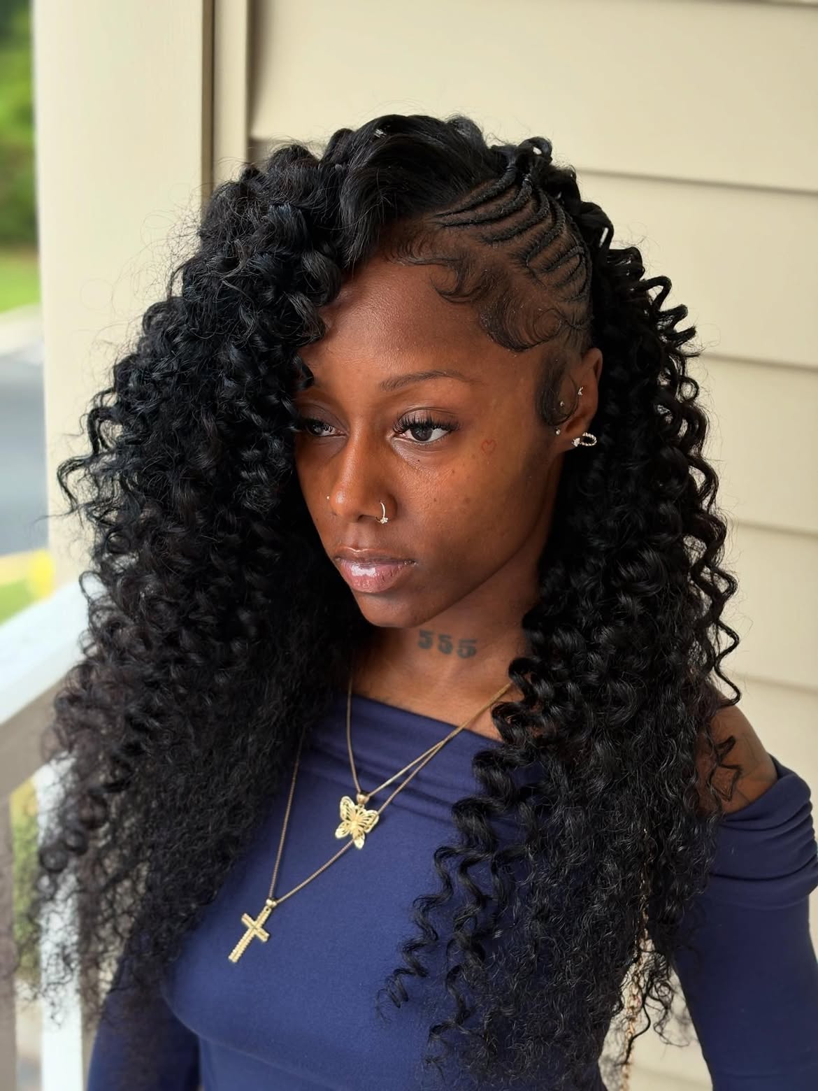 Side Cornrows With Deep Curly Sew-In